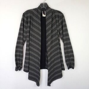 Wrapper Womens Large Cardigan Open Front Black Gray Striped Ruched Crochet Back‎